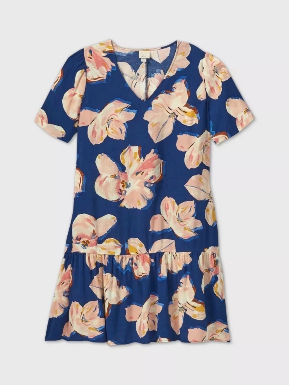 A New Day Blue Floral V-Neck Short Sleeve Dress with Pink Blooms